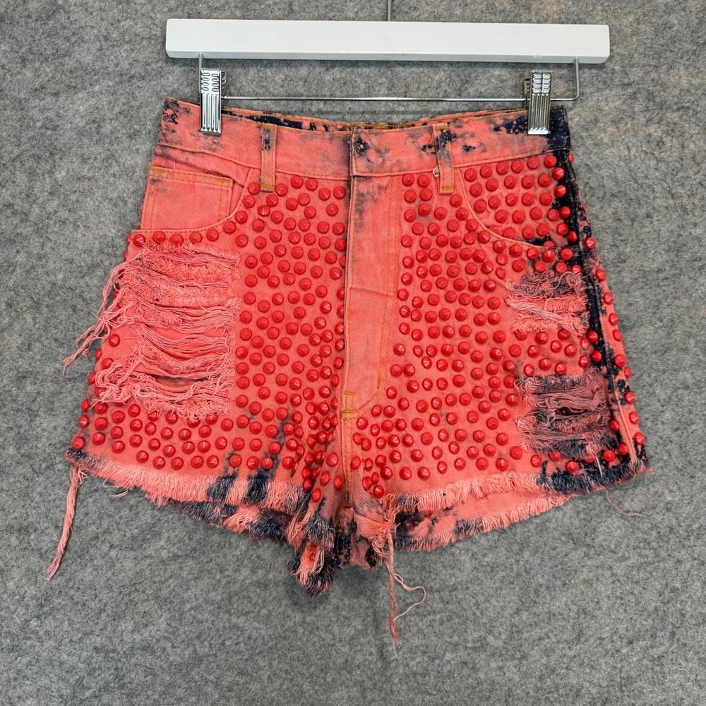 Alix Pinho Studded High Waisted Denim Cut Off Shorts Womens 36 (W24) Acid Wash